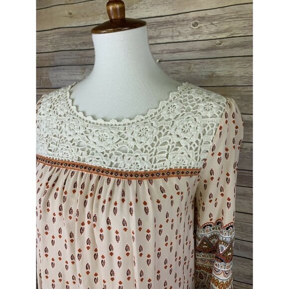 Umgee Small Peasant Top Lace Crocheted Neckline Boho 3/4 Sleeve Prairie Hippie - Picture 3 of 10